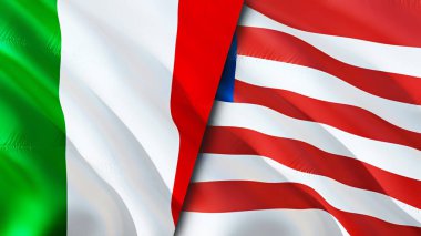 İtalya ve Liberya bayrakları. 3 boyutlu dalgalanan bayrak tasarımı. İtalya Liberya bayrağı, resim, duvar kağıdı. İtalya Liberya 'ya karşı, görüntü 3 boyutlu. İtalya Liberya ilişkileri ittifak ve ticaret, seyahat, turizm konsepti