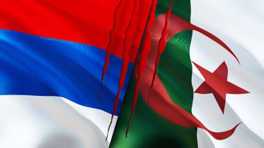 Sırbistan ve Cezayir yara izi kavramına sahip. Dalgalanan bayrak, 3 boyutlu görüntüleme. Sırbistan ve Cezayir ihtilafı kavramı. Sırbistan Cezayir ilişkileri kavramı. Sırbistan ve Cezayir bayrağı krizi, savaş, saldırı konsepti