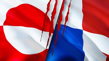 Grönland ve Panama bayraklarında yara izi var. Dalgalanan bayrak, 3 boyutlu görüntüleme. Grönland ve Panama çatışma konsepti. Grönland Panama ilişkileri kavramı. Grönland ve Panama krizi bayrağı, savaş, attac