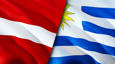 Letonya ve Uruguay bayrakları. 3 boyutlu dalgalanan bayrak tasarımı. Letonya Uruguay bayrağı, resim, duvar kağıdı. Letonya, Uruguay 'a karşı, görüntü 3 boyutlu. Letonya Uruguay ilişkileri ittifak ve ticaret, seyahat, turizm konsepti