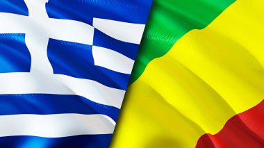 Yunanistan ve Kongo bayrakları. 3 boyutlu dalgalanan bayrak tasarımı. Yunanistan Kongo bayrağı, resim, duvar kağıdı. Yunanistan, Kongo 'ya karşı, görüntü 3 boyutlu. Yunanistan Kongo ilişkileri ittifak ve ticaret, seyahat ve turizm consepti