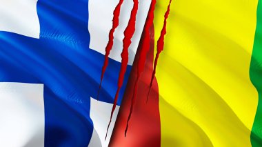Yara izi olan Finlandiya ve Gine bayrakları. Dalgalanan bayrak, 3 boyutlu görüntüleme. Finlandiya ve Gine çatışması konsepti. Finlandiya Gine ilişkileri kavramı. Finlandiya bayrağı ve Gine krizi, savaş, saldırı konsepti