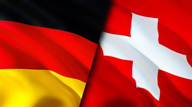 Almanya ve İsviçre bayrakları. 3 boyutlu dalgalanan bayrak tasarımı. Almanya bayrağı, resim, duvar kağıdı. Almanya, İsviçre 'ye karşı, görüntü 3 boyutlu. Almanya ile İsviçre arasındaki ilişkiler