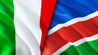İtalya ve Namibya bayrakları. 3 boyutlu dalgalanan bayrak tasarımı. İtalya Namibya bayrağı, resim, duvar kağıdı. İtalya, Namibya 'ya karşı, görüntü 3 boyutlu. İtalya Namibya ilişkileri ittifak ve ticaret, seyahat, turizm konsepti