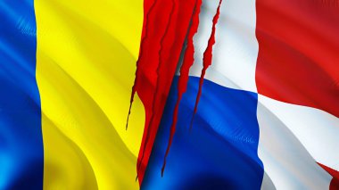 Romanya ve Panama yara izi kavramına sahip bayraklar. Dalgalanan bayrak, 3 boyutlu görüntüleme. Romanya ve Panama ihtilafı kavramı. Romanya Panama ilişkileri kavramı. Romanya bayrağı ve Panama krizi, savaş, saldırı konsepti