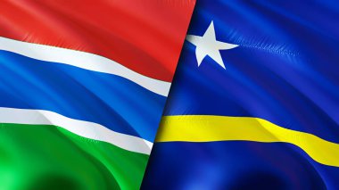 Gambiya ve Curacao bayrakları. 3 boyutlu dalgalanan bayrak tasarımı. Gambia Curacao bayrağı, resim, duvar kağıdı. Gambiya, Curacao 'ya karşı, görüntü 3 boyutlu. Gambiya Curacao ilişkileri ittifak ve ticaret, seyahat, turizm konsepti