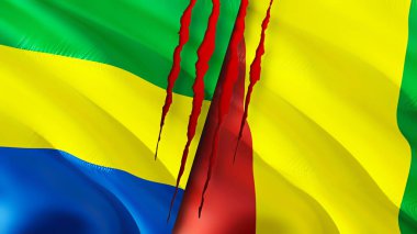 Gabon ve Gine bayrakları ve yara izi konsepti. Dalgalanan bayrak, 3 boyutlu görüntüleme. Gabon ve Gine çatışma konsepti. Gabon Gine ilişkileri kavramı. Gabon ve Gine bayrağı krizi, savaş, saldırı konsepti