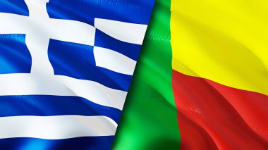 Yunanistan ve Benin bayrakları. 3 boyutlu dalgalanan bayrak tasarımı. Yunanistan Benin bayrağı, resim, duvar kağıdı. Yunanistan, Benin 'e karşı, görüntü 3D. Yunanistan Benin ilişkileri ittifak ve ticaret, seyahat ve turizm konsepti