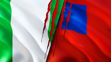 Yara izi olan Nijerya ve Samoa bayrakları. Dalgalanan bayrak, 3 boyutlu görüntüleme. Nijerya ve Samoa çatışma konsepti. Nijerya Samoa ilişkileri kavramı. Nijerya bayrağı ve Samoa krizi, savaş, saldırı konsepti