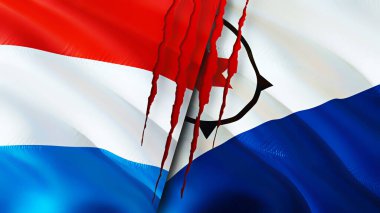 Yara izi olan Lüksemburg ve Bonaire bayrakları. Dalgalanan bayrak, 3 boyutlu görüntüleme. Lüksemburg ve Bonaire çatışma konsepti. Lüksemburg Bonaire ilişkileri kavramı. Lüksemburg bayrağı ve Bonaire krizi, savaş