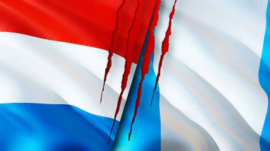 Lüksemburg ve yara izi olan Guatemala bayrakları. Dalgalanan bayrak, 3 boyutlu görüntüleme. Lüksemburg ve Guatemala çatışma konsepti. Lüksemburg Guatemala ilişkileri kavramı. Lüksemburg ve Guatemal bayrağı