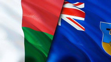 Madagaskar ve Montserrat bayrakları. 3 boyutlu dalgalanan bayrak tasarımı. Madagaskar Montserrat bayrağı, resim, duvar kağıdı. Madagaskar, Montserrat 'a karşı, 3 boyutlu görüntü. Madagaskar Montserrat ilişkileri bir ittifak