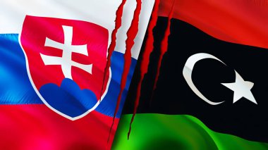 Slovakya ve Libya bayraklarında yara izi var. Dalgalanan bayrak, 3 boyutlu görüntüleme. Slovakya ve Libya çatışma konsepti. Slovakya Libya ilişkileri kavramı. Slovakya bayrağı ve Libya krizi, savaş, saldırı konsepti