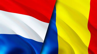 Hollanda ve Romanya bayrakları. 3 boyutlu dalgalanan bayrak tasarımı. Hollanda bayrağı, resim, duvar kağıdı. Hollanda, Romanya 'nın imajına karşı, 3D görüntüleme. Hollanda Romanya ilişkileri bir ittifak