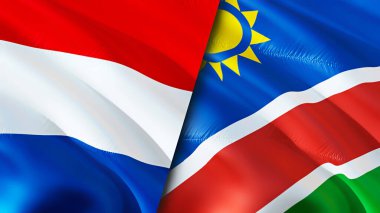 Hollanda ve Namibya bayrakları. 3 boyutlu dalgalanan bayrak tasarımı. Hollanda Namibya bayrağı, resim, duvar kağıdı. Hollanda, Namibya 'ya karşı, görüntü 3 boyutlu. Hollanda Namibya ilişkileri ittifakı