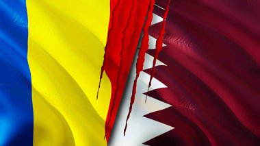 Romanya ve Katar yara izi kavramına sahip bayraklar. Dalgalanan bayrak, 3 boyutlu görüntüleme. Romanya ve Katar çatışma konsepti. Romanya Katar ilişkileri kavramı. Romanya bayrağı ve Katar krizi, savaş, saldırı konsepti
