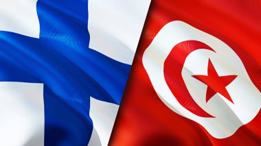 Finlandiya ve Tunus bayrakları. 3 boyutlu dalgalanan bayrak tasarımı. Finlandiya Tunus bayrağı, resim, duvar kağıdı. Finlandiya Tunus 'a karşı, görüntü 3D. Finlandiya Tunus ilişkileri ittifak ve ticaret, seyahat, turizm danışmanlığı