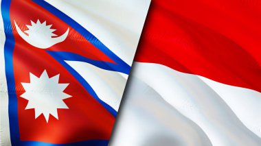 Nepal ve Monako bayrakları. 3 boyutlu dalgalanan bayrak tasarımı. Nepal Monako bayrağı, resim, duvar kağıdı. Nepal vs Monaco görüntüsü, 3D görüntüleme. Nepal Monako ilişkileri ittifak ve ticaret, seyahat, turizm konsepti
