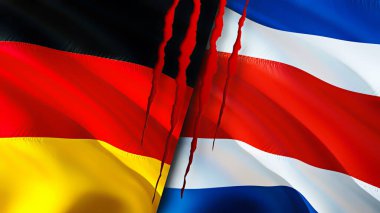 Yara izi olan Almanya ve Kosta Rika bayrakları. Dalgalanan bayrak, 3 boyutlu görüntüleme. Almanya ve Kosta Rika çatışma konsepti. Almanya Kosta Rika ilişkileri kavramı. Almanya bayrağı ve Kosta Rika krizi, savaş
