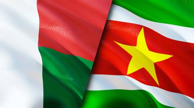 Madagaskar ve Surinam bayrakları. 3 boyutlu dalgalanan bayrak tasarımı. Madagaskar Surinam bayrağı, resim, duvar kağıdı. Madagaskar Surinam 'a karşı 3 boyutlu görüntüleme. Madagaskar Surinam ilişkileri bir ittifak