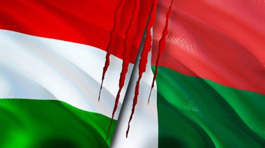 Yara izi olan Macaristan ve Madagaskar bayrakları. Dalgalanan bayrak, 3 boyutlu görüntüleme. Macaristan ve Madagaskar çatışma konsepti. Macaristan Madagaskar ilişkileri kavramı. Macaristan bayrağı ve Madagaskar krizi, savaş