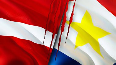 Letonya ve Saba adaları yara izi olan bayraklar. Dalgalanan bayrak, 3 boyutlu görüntüleme. Letonya ve Saba Adası çatışma konsepti. Letonya Saba Adası ilişkileri kavramı. Letonya bayrağı ve Saba Adası krizi, savaş