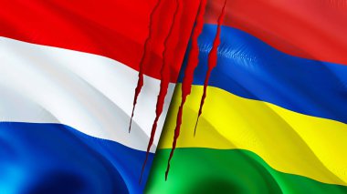 Hollanda ve Mauritius yara izi olan bayraklar. Dalgalanan bayrak, 3 boyutlu görüntüleme. Hollanda ve Mauritius çatışma konsepti. Hollanda Mauritius ilişkileri kavramı. Hollanda ve Mauritiu bayrağı
