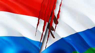 Lüksemburg ve Lesotho bayrakları ve yara izi konsepti. Dalgalanan bayrak, 3 boyutlu görüntüleme. Lüksemburg ve Lesotho çatışma konsepti. Lüksemburg Lesotho ilişkileri kavramı. Lüksemburg bayrağı ve Lesotho krizi, savaş