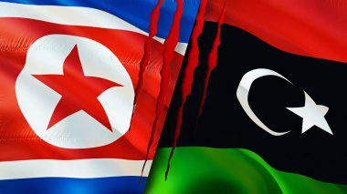 Yara izi olan Kuzey Kore ve Libya bayrakları. Dalgalanan bayrak, 3 boyutlu görüntüleme. Kuzey Kore ve Libya çatışma konsepti. Kuzey Kore Libya ilişkileri kavramı. Kuzey Kore bayrağı ve Libya krizi, savaş, attac