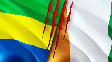 Gabon ve Cote d 'Ivoire yara izi olan bayraklar. Dalgalanan bayrak, 3 boyutlu görüntüleme. Gabon ve Cote d 'Ivoire çatışma konsepti. Gabon Cote d 'Ivoire ilişki kavramı. Gabon ve Cote d 'Ivoir bayrağı