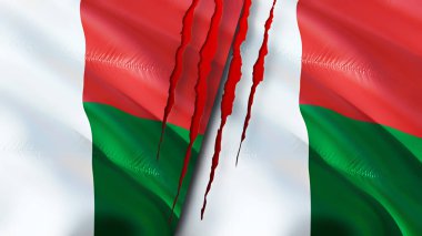 Madagaskar ve Madagaskar bayrakları yara izi konseptiyle. Dalgalanan bayrak, 3 boyutlu görüntüleme. Madagaskar ve Madagaskar çatışma konsepti. Madagaskar Madagaskar ilişkileri kavramı. Madagaskar ve Madagasca bayrağı