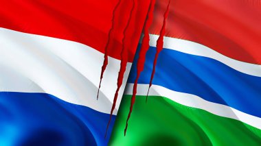 Hollanda ve Gambiya bayraklarında yara izi var. Dalgalanan bayrak, 3 boyutlu görüntüleme. Hollanda ve Gambiya çatışması konsepti. Hollanda Gambiya ilişkileri kavramı. Hollanda bayrağı ve Gambiya krizi, savaş