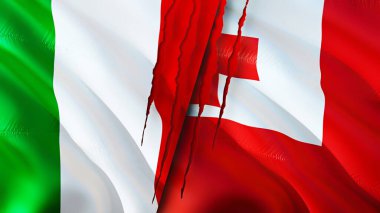İtalya ve Tonga yara izi olan bayraklar. Dalgalanan bayrak, 3 boyutlu görüntüleme. İtalya ve Tonga çatışma konsepti. İtalya Tonga ilişkileri kavramı. İtalya bayrağı ve Tonga krizi, savaş, saldırı konsepti