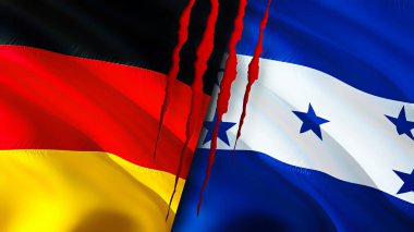 Almanya ve Honduras yara izi olan bayraklar. Dalgalanan bayrak, 3 boyutlu görüntüleme. Almanya ve Honduras çatışma konsepti. Almanya Honduras ilişkileri kavramı. Almanya bayrağı ve Honduras krizi, savaş, attac
