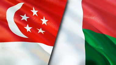Singapur ve Madagaskar bayrakları. 3 boyutlu dalgalanan bayrak tasarımı. Singapur Madagaskar bayrağı, resim, duvar kağıdı. Singapur, Madagaskar 'a karşı, görüntü 3 boyutlu. Singapur Madagaskar ilişkileri