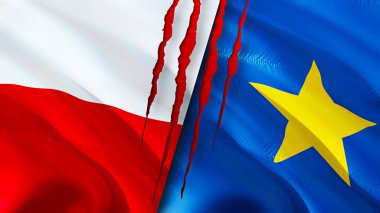 Polonya ve DR Kongo bayraklarında yara izi var. Dalgalanan bayrak, 3 boyutlu görüntüleme. Polonya ve DR Kongo çatışma konsepti. Polonya DR Kongo ilişkileri kavramı. Polonya ve DR Kongo bayrağı krizi, savaş, saldırı konsepti