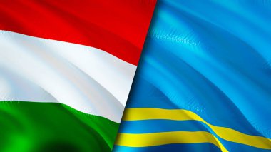 Macaristan ve Aruba bayrakları. 3 boyutlu dalgalanan bayrak tasarımı. Macaristan Aruba bayrağı, resim, duvar kağıdı. Macaristan, Aruba 'ya karşı, görüntü 3 boyutlu. Macaristan Aruba ilişkileri ittifak ve ticaret, seyahat, turizm konsepti