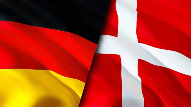 Almanya ve Danimarka bayrakları. 3 boyutlu dalgalanan bayrak tasarımı. Almanya bayrağı, resim, duvar kağıdı. Almanya Danimarka 'ya karşı, görüntü 3D. Almanya Danimarka ile ilişkiler ittifak ve ticaret, seyahat ve turizm kavramları