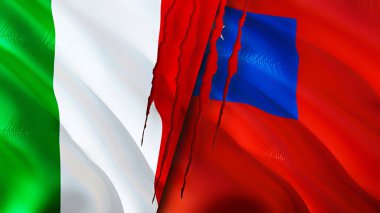 İtalya ve Samoa bayraklarında yara izi var. Dalgalanan bayrak, 3 boyutlu görüntüleme. İtalya ve Samoa çatışma konsepti. İtalya Samoa ilişkileri kavramı. İtalya ve Samoa bayrağı krizi, savaş, saldırı konsepti