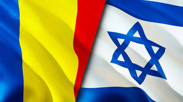 Romania and Israel flags. 3D Waving flag design. Romania Israel flag, picture, wallpaper. Romania vs Israel image,3D rendering. Romania Israel relations alliance and Trade,travel,tourism concep