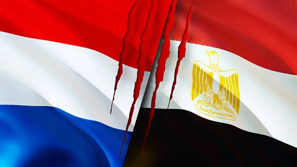 Netherlands and Egypt flags with scar concept. Waving flag,3D rendering. Netherlands and Egypt conflict concept. Netherlands Egypt relations concept. flag of Netherlands and Egypt crisis,war, attac