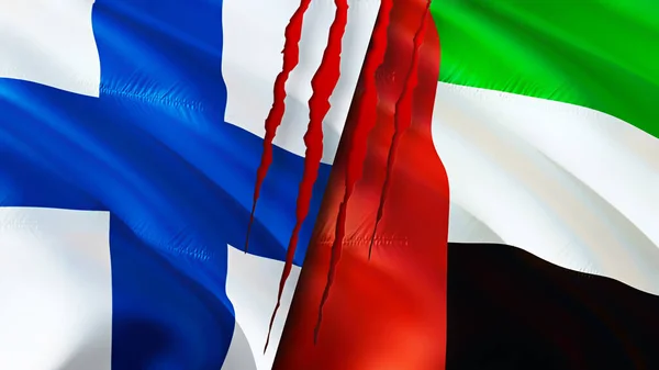 Finland and United Arab Emirates flags with scar concept. Waving flag,3D rendering. Finland and United Arab Emirates conflict concept. Finland United Arab Emirates relations concept. flag of Finlan