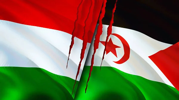 Hungary and Western Sahara flags with scar concept. Waving flag,3D rendering. Hungary and Western Sahara conflict concept. Hungary Western Sahara relations concept. flag of Hungary and Wester