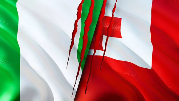 Nigeria and Tonga flags with scar concept. Waving flag,3D rendering. Nigeria and Tonga conflict concept. Nigeria Tonga relations concept. flag of Nigeria and Tonga crisis,war, attack concep