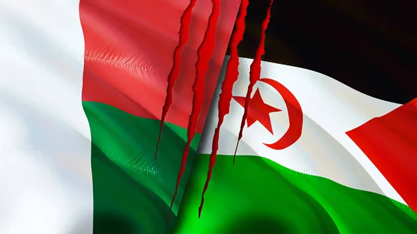 Madagascar and Western Sahara flags with scar concept. Waving flag,3D rendering. Madagascar and Western Sahara conflict concept. Madagascar Western Sahara relations concept. flag of Madagascar an