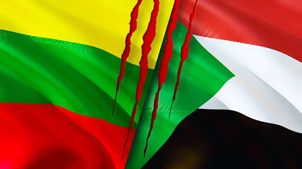 Lithuania and Sudan flags with scar concept. Waving flag,3D rendering. Lithuania and Sudan conflict concept. Lithuania Sudan relations concept. flag of Lithuania and Sudan crisis,war, attack concep