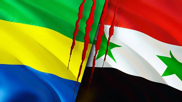 Gabon and Syria flags with scar concept. Waving flag,3D rendering. Gabon and Syria conflict concept. Gabon Syria relations concept. flag of Gabon and Syria crisis,war, attack concep