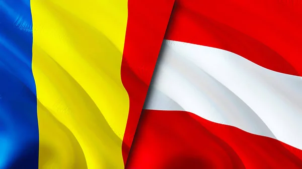 Romania and Austria flags. 3D Waving flag design. Romania Austria flag, picture, wallpaper. Romania vs Austria image,3D rendering. Romania Austria relations alliance and Trade,travel,tourism concep