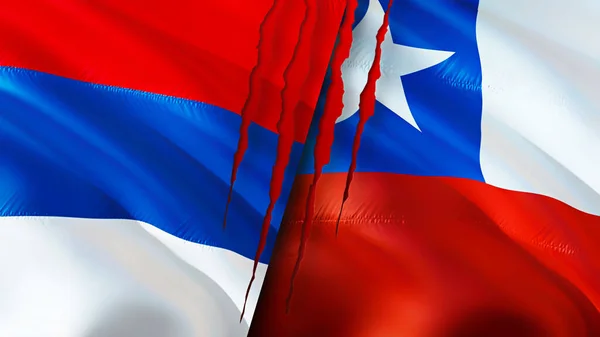 Serbia and Chile flags with scar concept. Waving flag,3D rendering. Serbia and Chile conflict concept. Serbia Chile relations concept. flag of Serbia and Chile crisis,war, attack concep