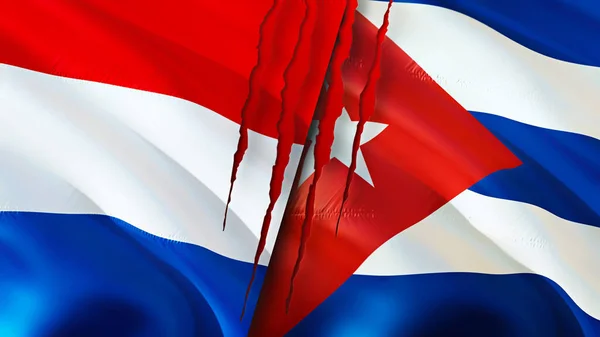 Netherlands and Cuba flags with scar concept. Waving flag,3D rendering. Netherlands and Cuba conflict concept. Netherlands Cuba relations concept. flag of Netherlands and Cuba crisis,war, attac